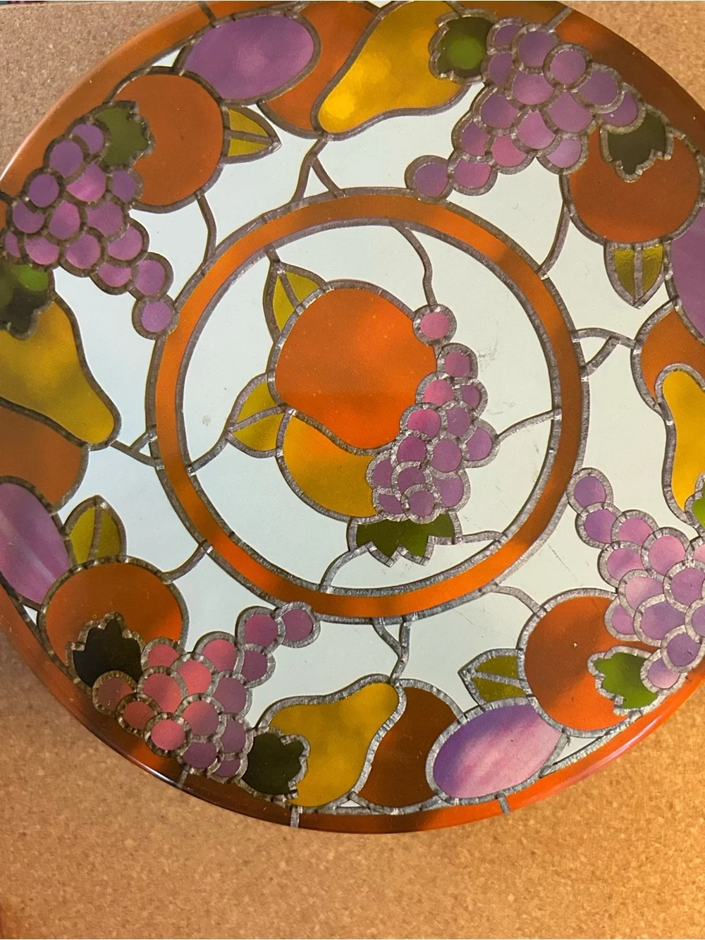 Vintage Tin Round Decorative Fruit Stained-Glass